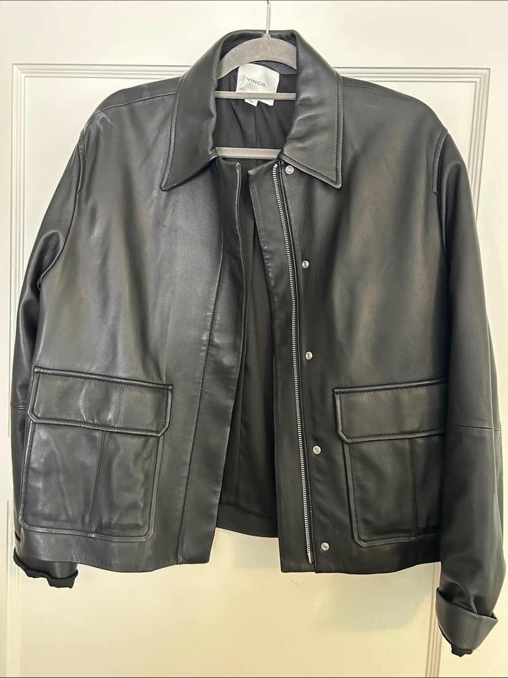 Vince Black Leather Bomber Jacket with Front Flap Pockets - worn once